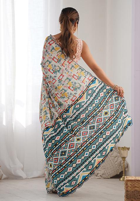 Off White Abstract Print Chiffon Saree Set