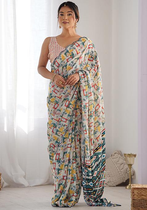 Off White Abstract Print Chiffon Saree Set