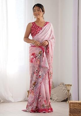 Pink Abstract Print Chiffon Saree Set