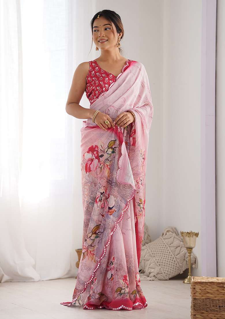 Pink Chiffon Saree Set with Abstract Print for Diwali | Wedding & Festive Wear - Indya