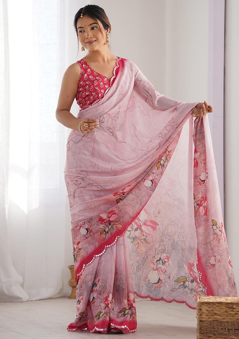 Pink Abstract Print Chiffon Saree Set