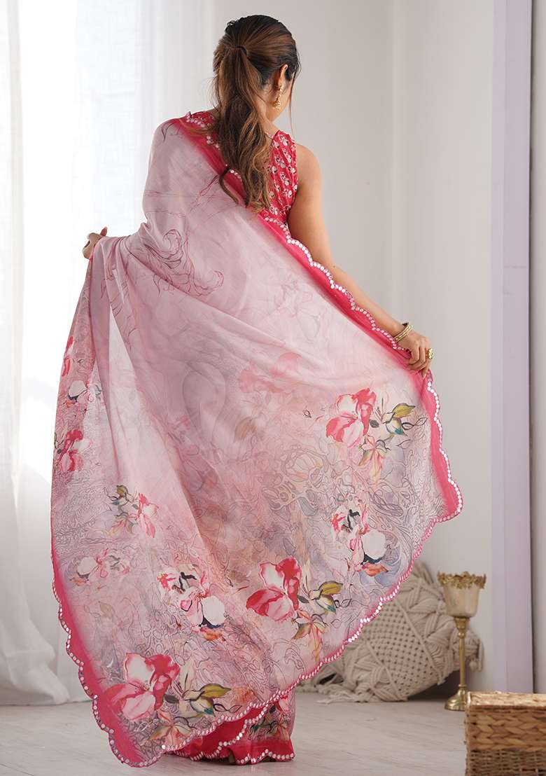 Pink Chiffon Saree Set with Abstract Print for Diwali | Wedding & Festive Wear - Indya