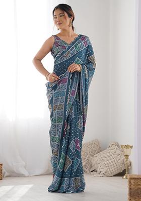 Green Abstract Print Chiffon Saree Set