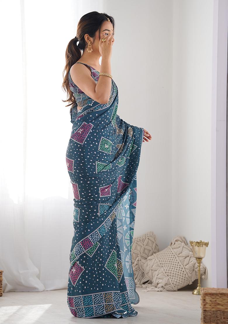 Green Abstract Print Chiffon Saree Set