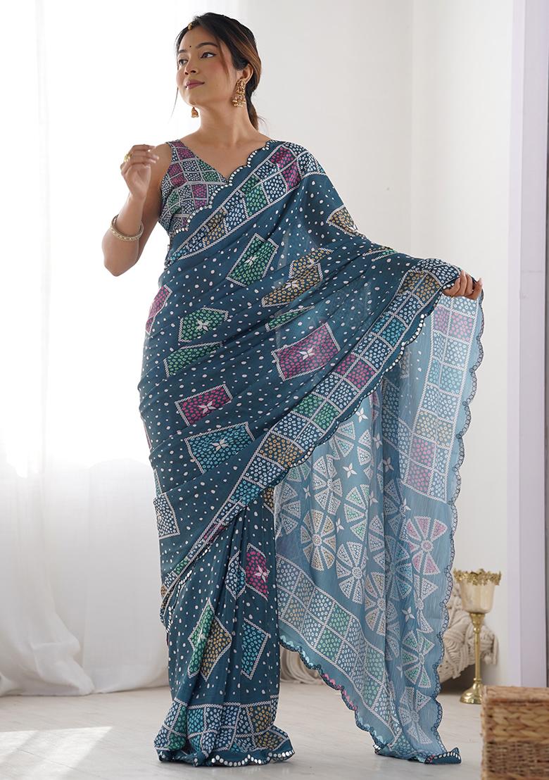 Green Abstract Print Chiffon Saree Set