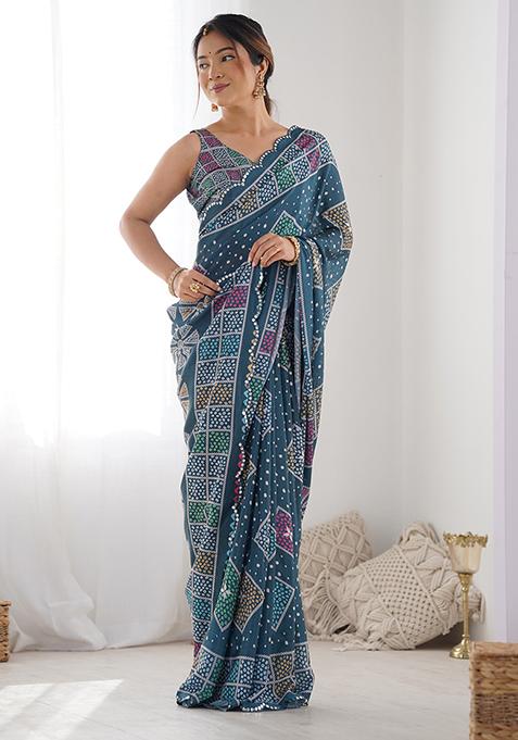 Green Abstract Print Chiffon Saree Set