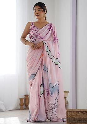 Pink Abstract Print Chiffon Saree Set