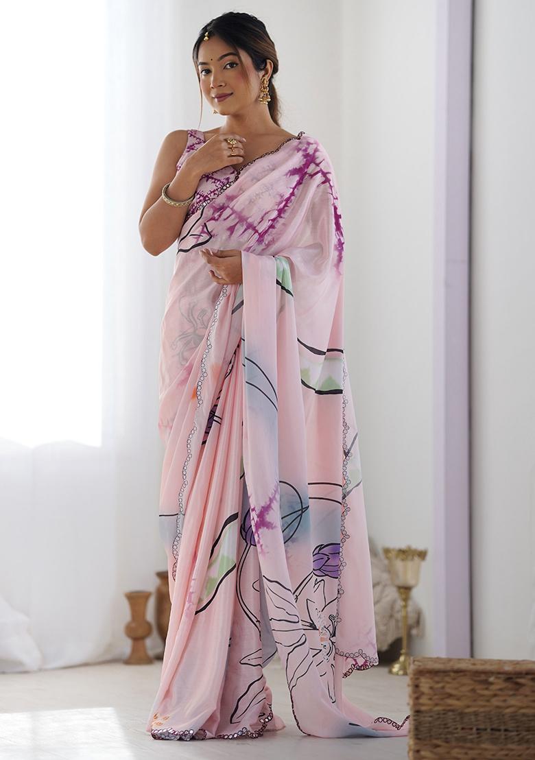 Pink Abstract Print Chiffon Saree Set