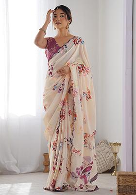 Peach Abstract Print Chiffon Saree Set