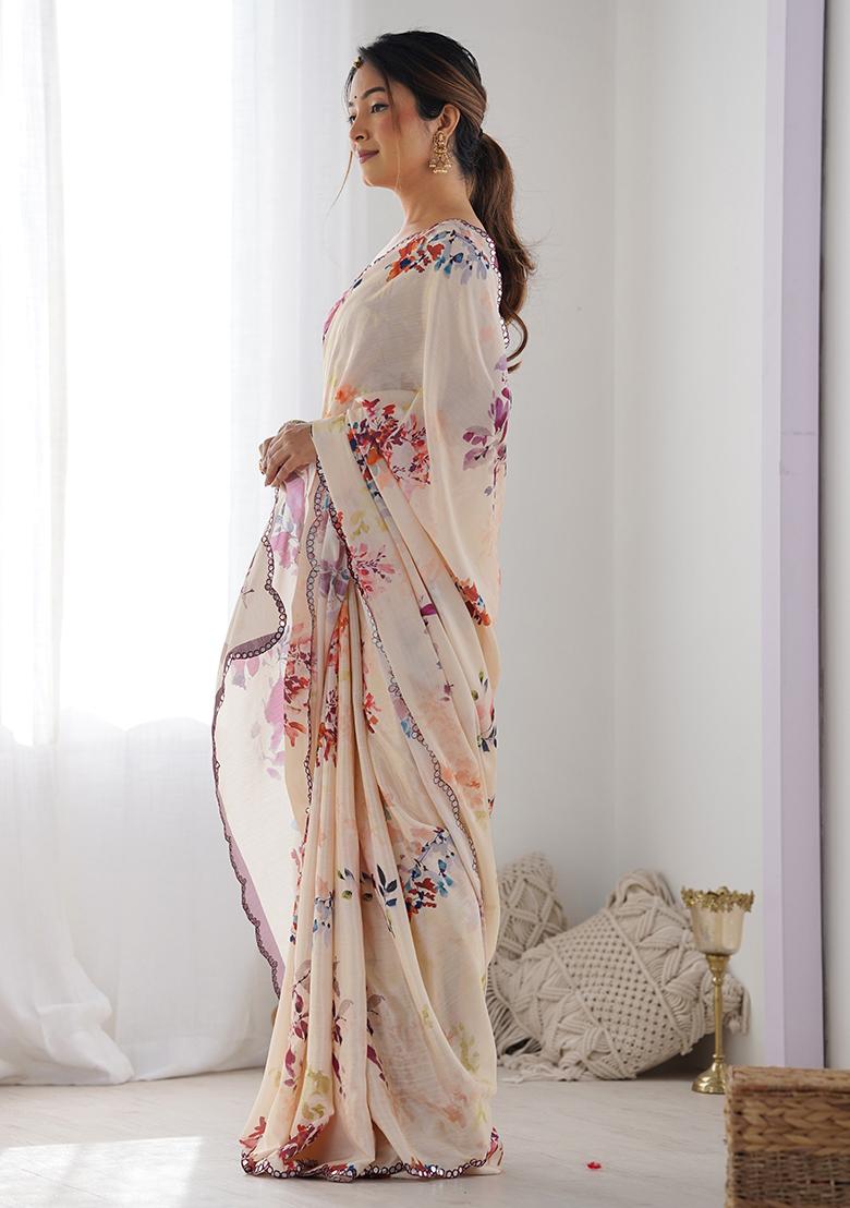 Peach Abstract Print Chiffon Saree Set