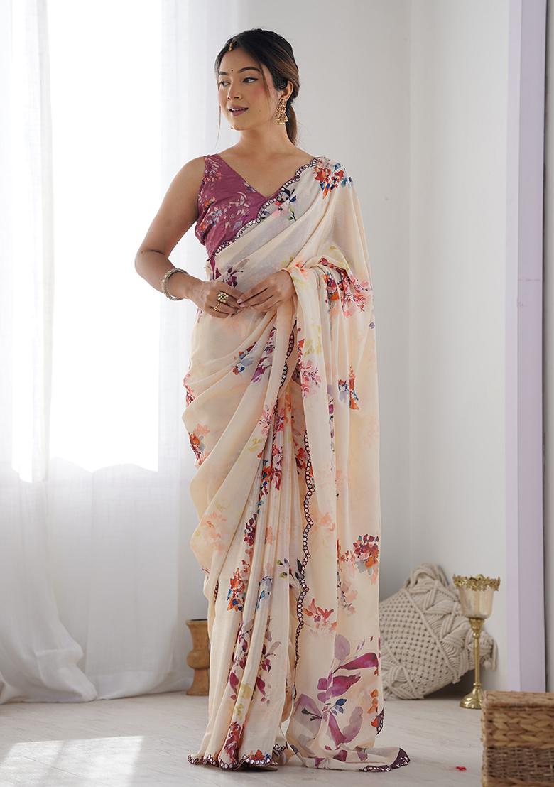 Peach Abstract Print Chiffon Saree Set