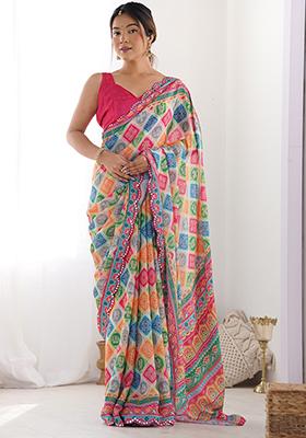 Multicolor Abstract Print Chiffon Saree Set