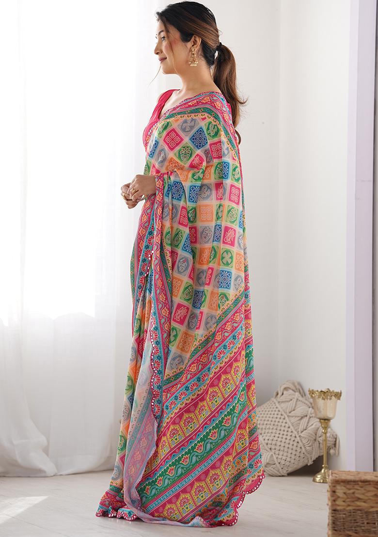 Multicolor Abstract Print Chiffon Saree Set