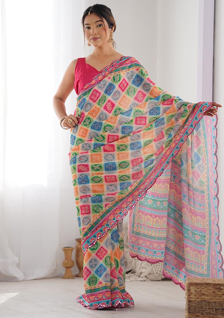 Multicolor Abstract Print Chiffon Saree Set