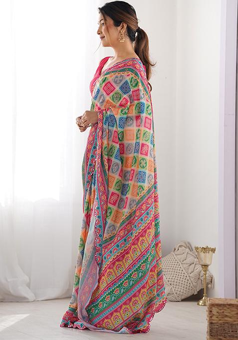 Multicolor Abstract Print Chiffon Saree Set