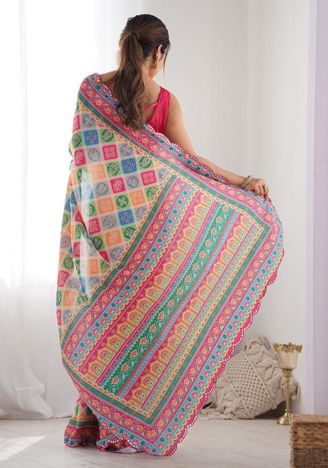 Multicolor Abstract Print Chiffon Saree Set