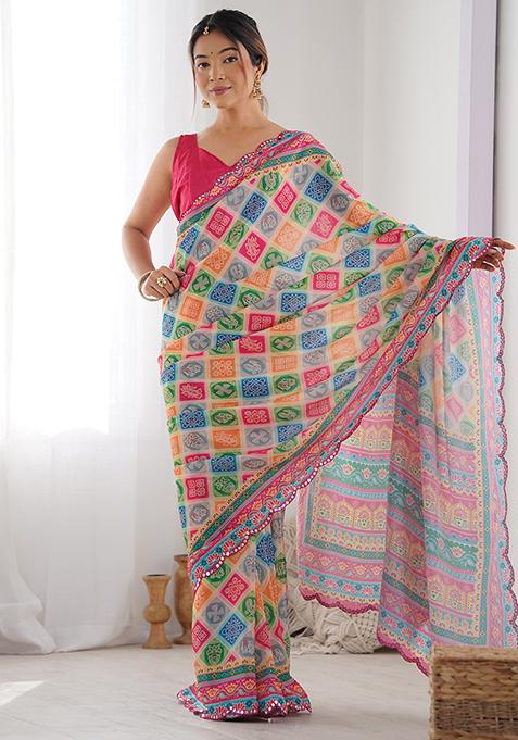 Multicolor Abstract Print Chiffon Saree Set
