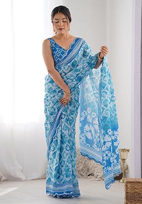 Blue Abstract Print Chiffon Saree Set