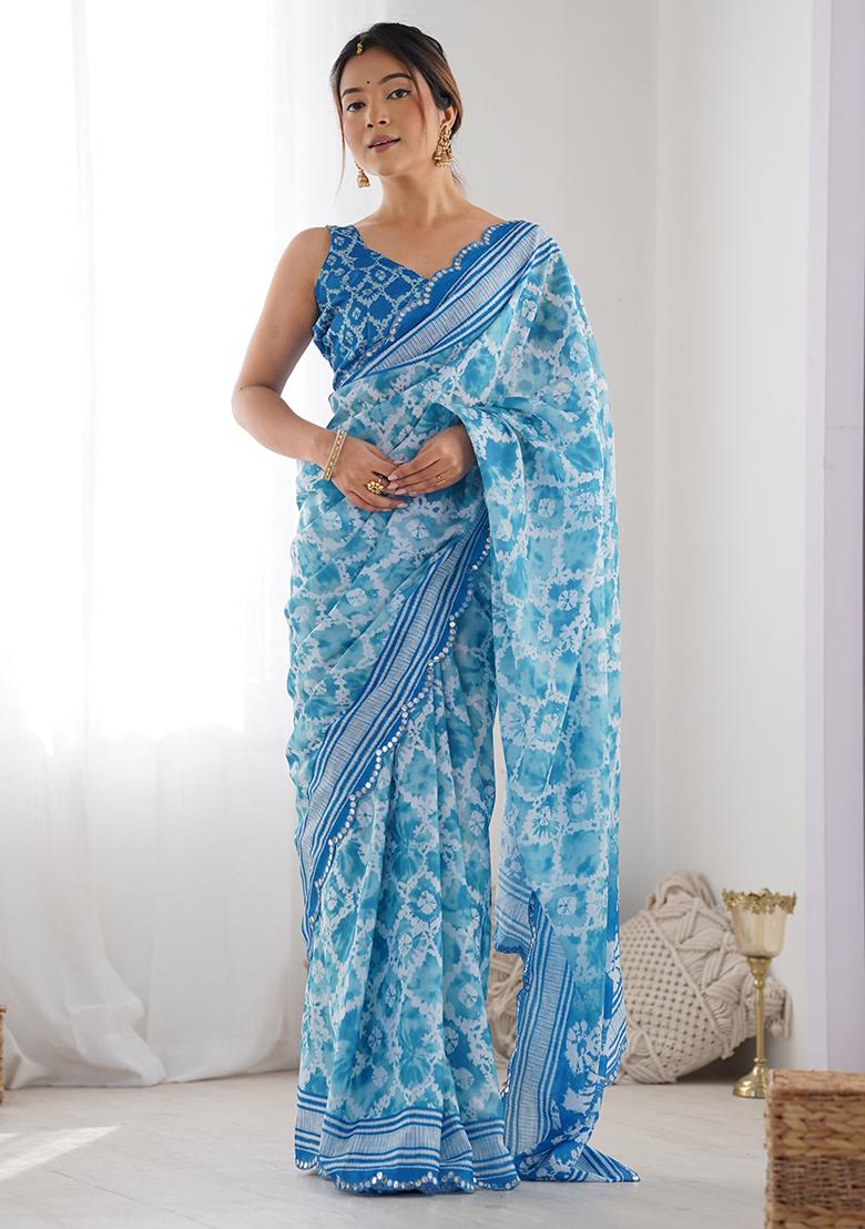 Blue Abstract Print Chiffon Saree Set