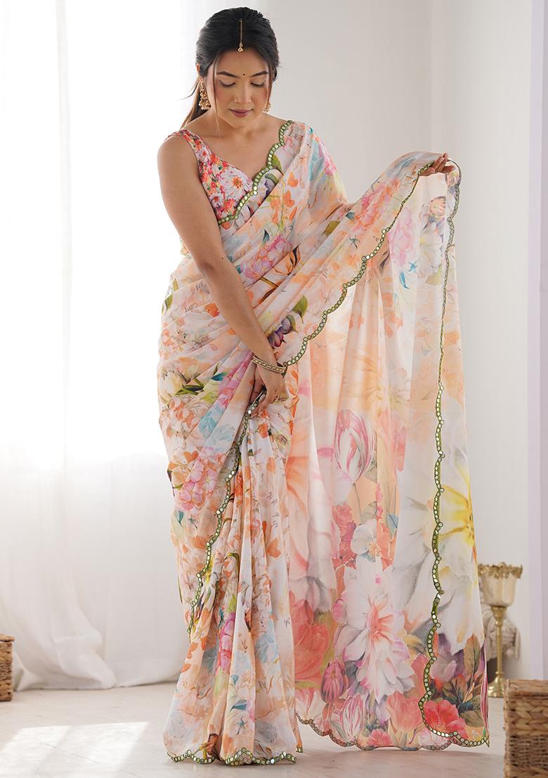 Multicolor Abstract Print Chiffon Saree Set