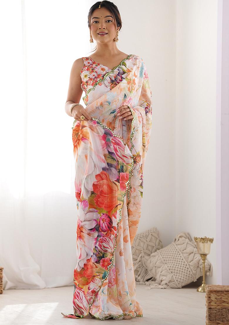 Multicolor Abstract Print Chiffon Saree Set