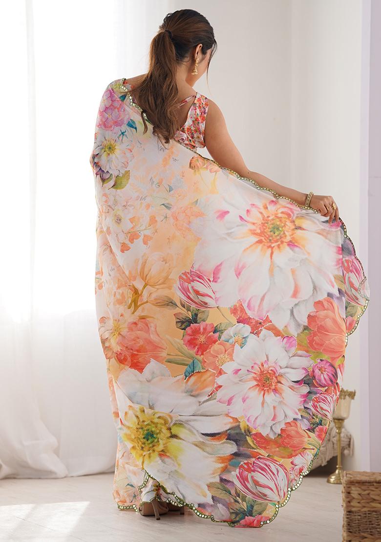 Multicolor Abstract Print Chiffon Saree Set