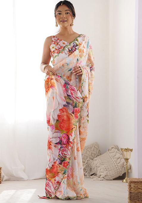 Multicolor Abstract Print Chiffon Saree Set