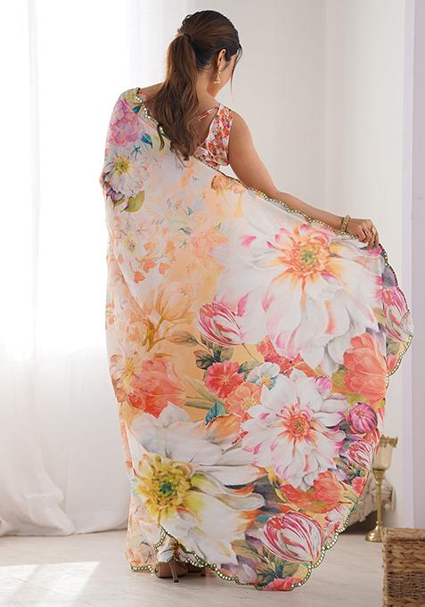 Multicolor Abstract Print Chiffon Saree Set