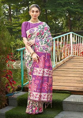 Violet Abstract Print Art Silk Saree Set