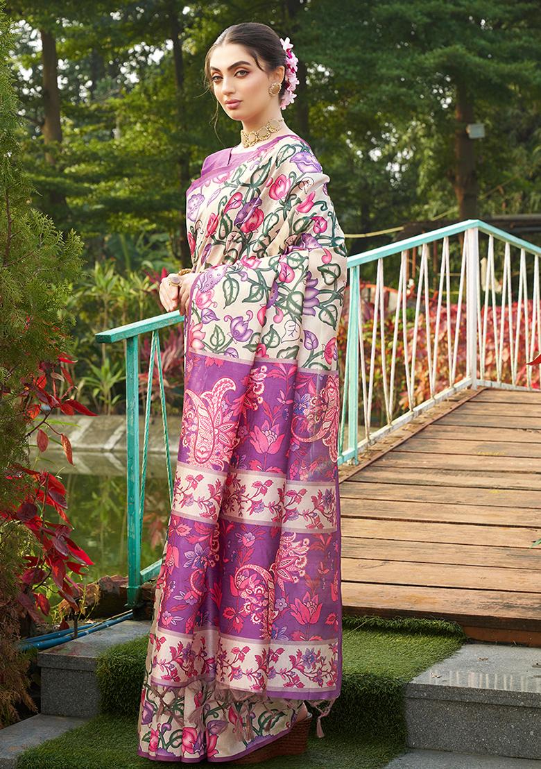 Violet Abstract Print Art Silk Saree Set