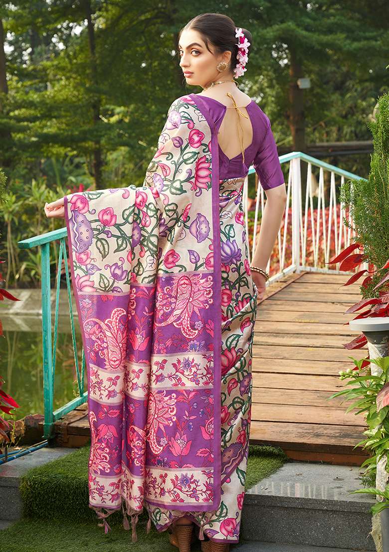 Violet Art Silk Saree Set with Abstract Print for Diwali | Wedding & Festive Wear - Indya