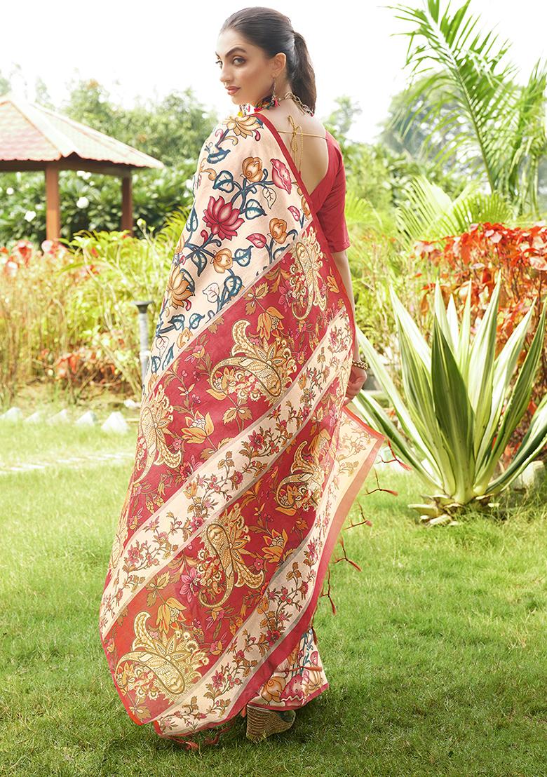 Red Abstract Print Art Silk Saree Set