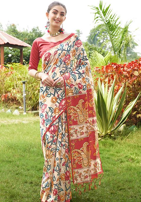Red Abstract Print Art Silk Saree Set