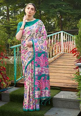 Green Abstract Print Art Silk Saree Set