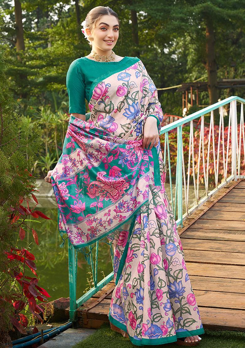 Green Abstract Print Art Silk Saree Set