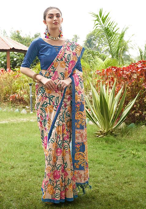 Blue Abstract Print Art Silk Saree Set