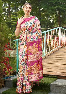 Pink Abstract Print Art Silk Saree Set