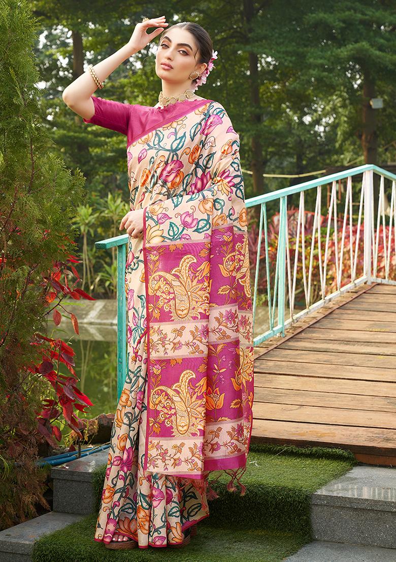 Pink Abstract Print Art Silk Saree Set