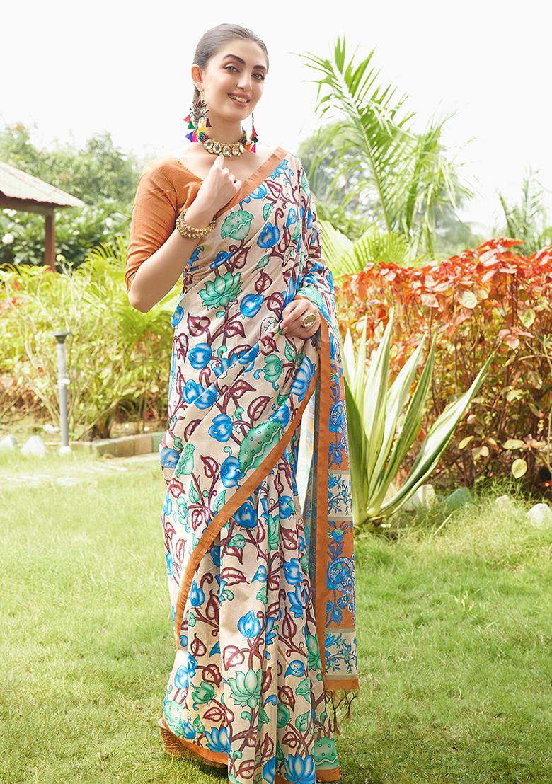 Mustard Abstract Print Art Silk Saree Set