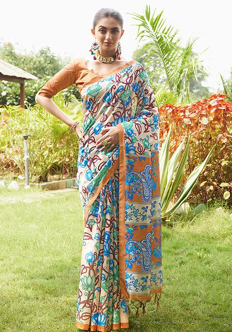 Mustard Abstract Print Art Silk Saree Set