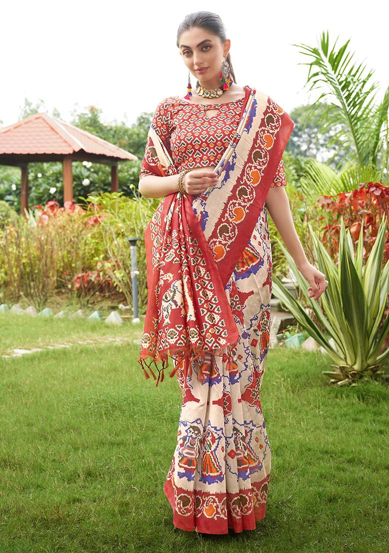 Maroon Abstract Print Art Silk Saree Set