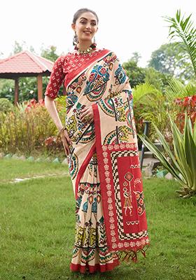 Maroon Abstract Print Art Silk Saree Set