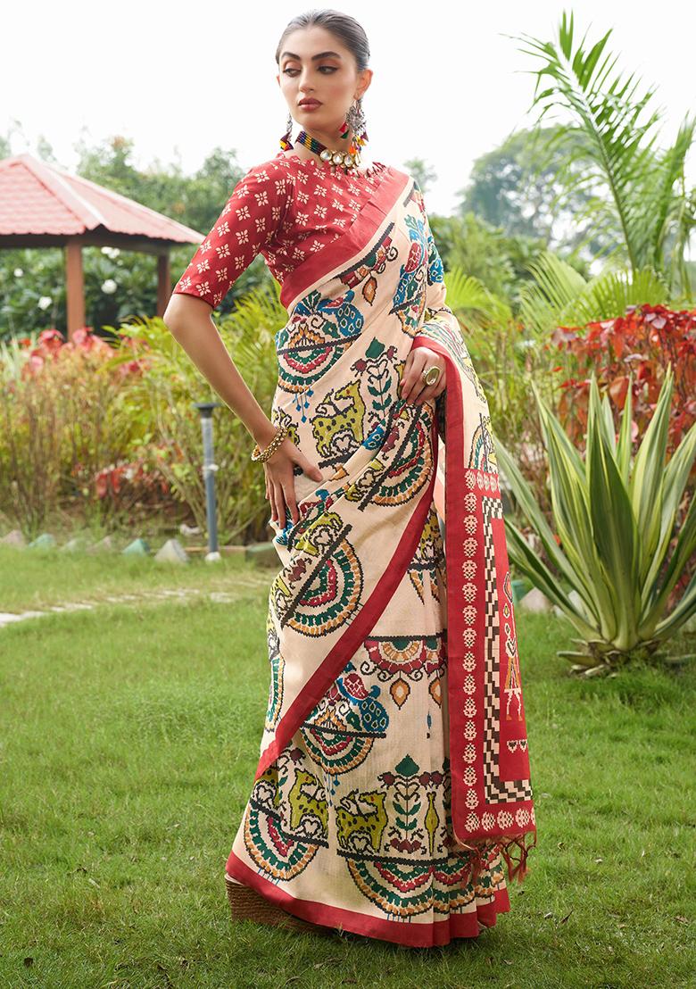 Maroon Abstract Print Art Silk Saree Set