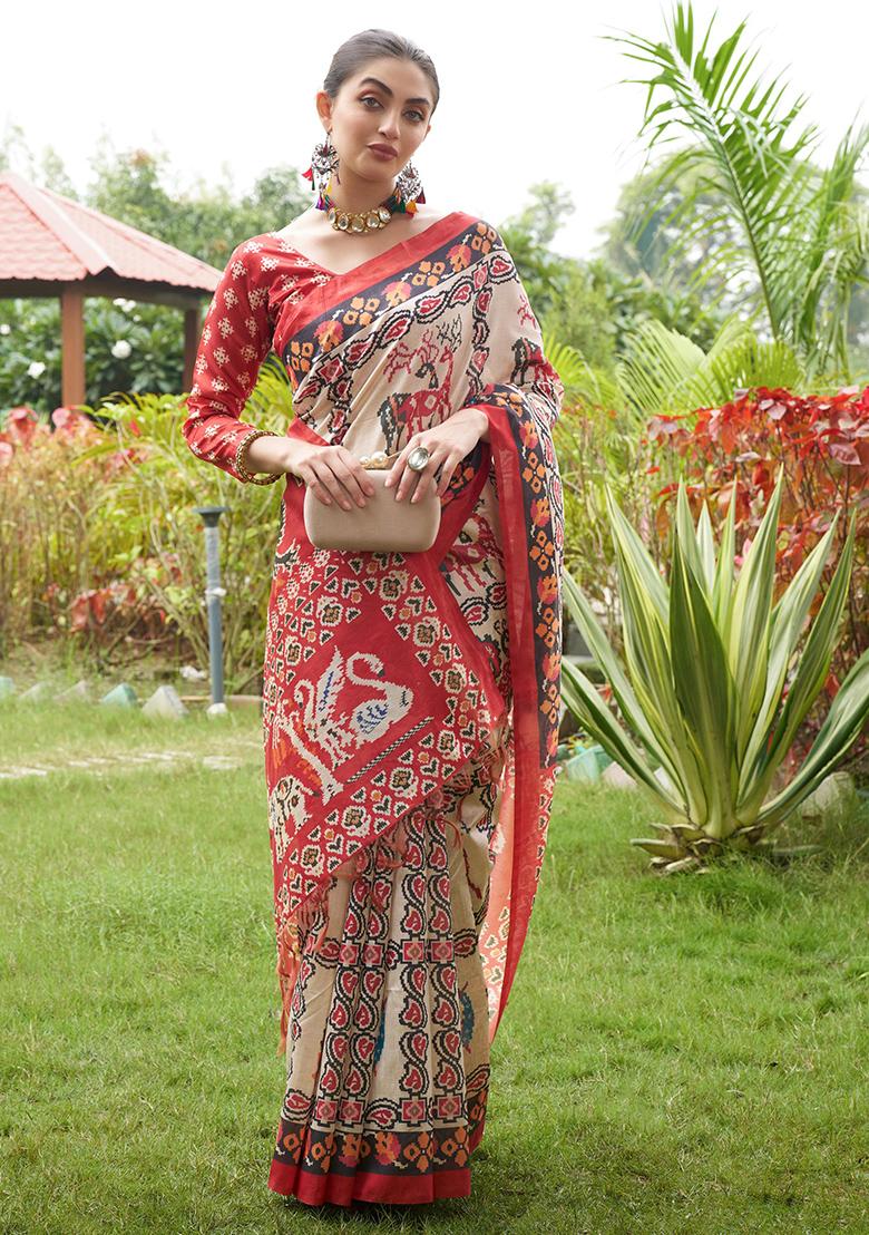 Maroon Abstract Print Art Silk Saree Set