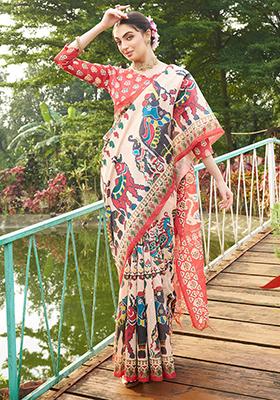 Maroon Abstract Print Art Silk Saree Set