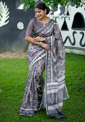 Grey Abstract Print Cotton Saree Set