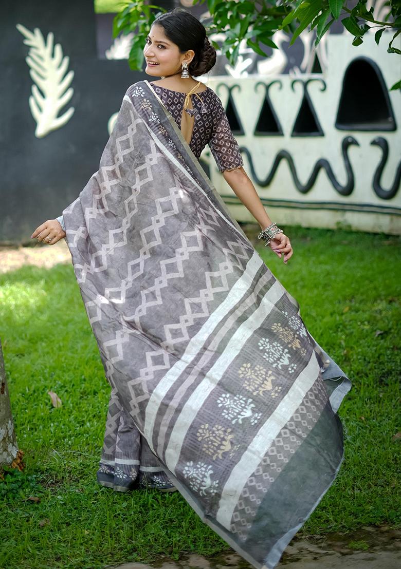 Grey Abstract Print Cotton Saree Set