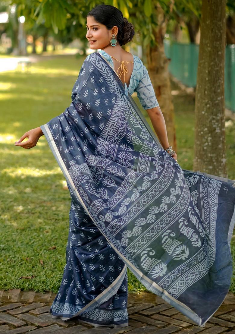 Blue Abstract Print Cotton Saree Set