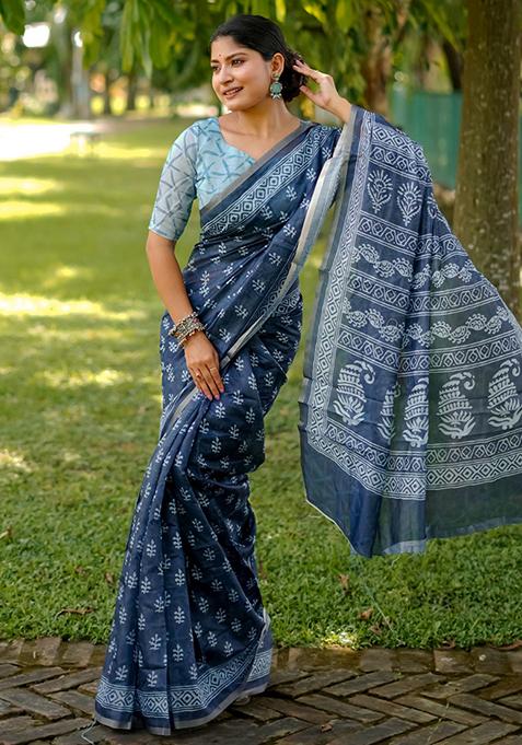Blue Abstract Print Cotton Saree Set