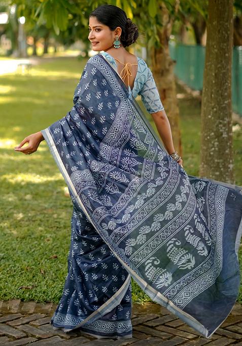 Blue Printed Cotton Saree
